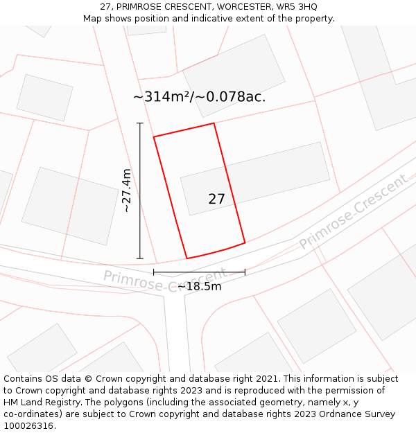 27, PRIMROSE CRESCENT, WORCESTER, WR5 3HQ: Plot and title map