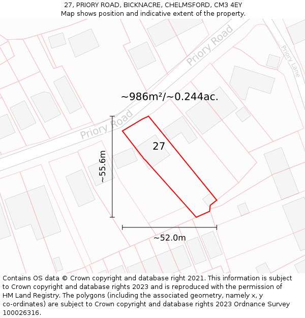 27, PRIORY ROAD, BICKNACRE, CHELMSFORD, CM3 4EY: Plot and title map