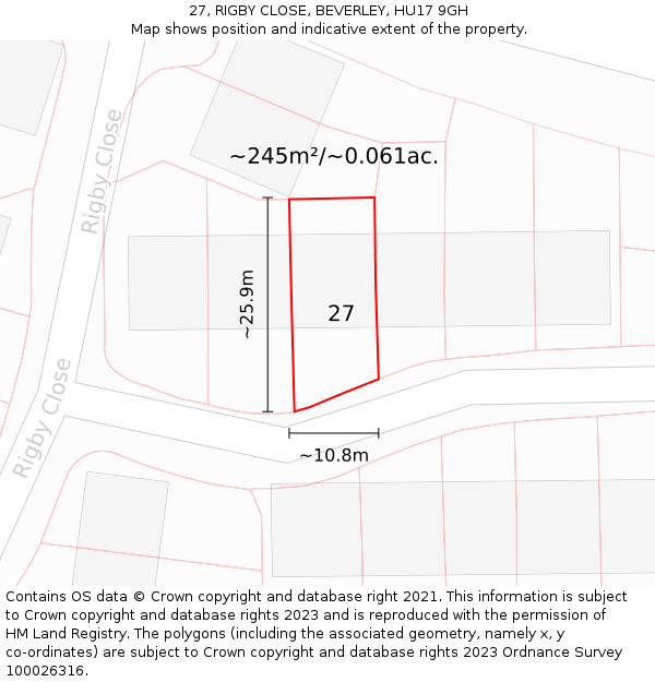 27, RIGBY CLOSE, BEVERLEY, HU17 9GH: Plot and title map