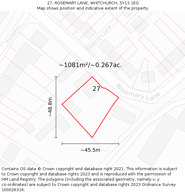 27, ROSEMARY LANE, WHITCHURCH, SY13 1EG: Plot and title map