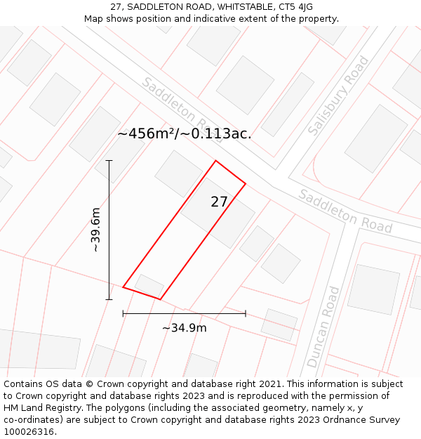 27, SADDLETON ROAD, WHITSTABLE, CT5 4JG: Plot and title map