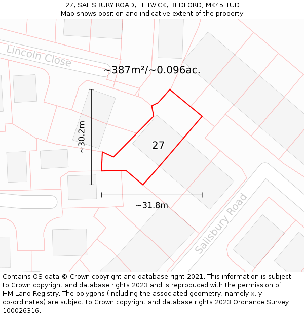 27, SALISBURY ROAD, FLITWICK, BEDFORD, MK45 1UD: Plot and title map