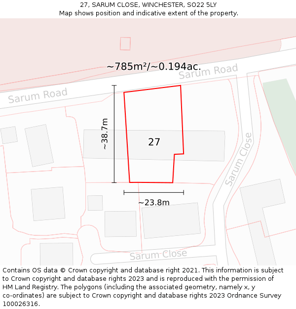 27, SARUM CLOSE, WINCHESTER, SO22 5LY: Plot and title map