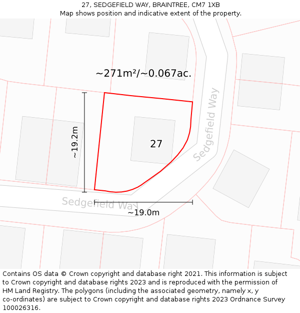 27, SEDGEFIELD WAY, BRAINTREE, CM7 1XB: Plot and title map