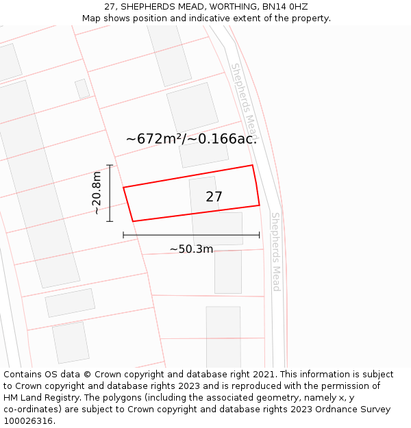 27, SHEPHERDS MEAD, WORTHING, BN14 0HZ: Plot and title map