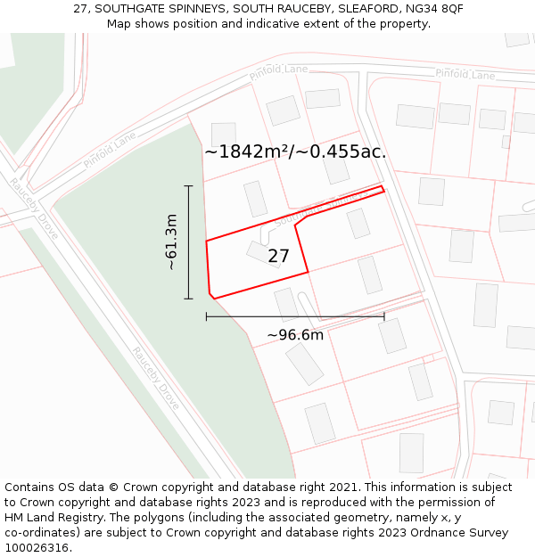 27, SOUTHGATE SPINNEYS, SOUTH RAUCEBY, SLEAFORD, NG34 8QF: Plot and title map