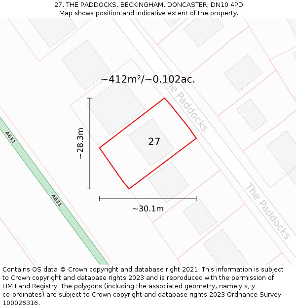 27, THE PADDOCKS, BECKINGHAM, DONCASTER, DN10 4PD: Plot and title map