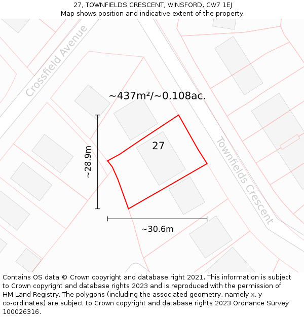 27, TOWNFIELDS CRESCENT, WINSFORD, CW7 1EJ: Plot and title map