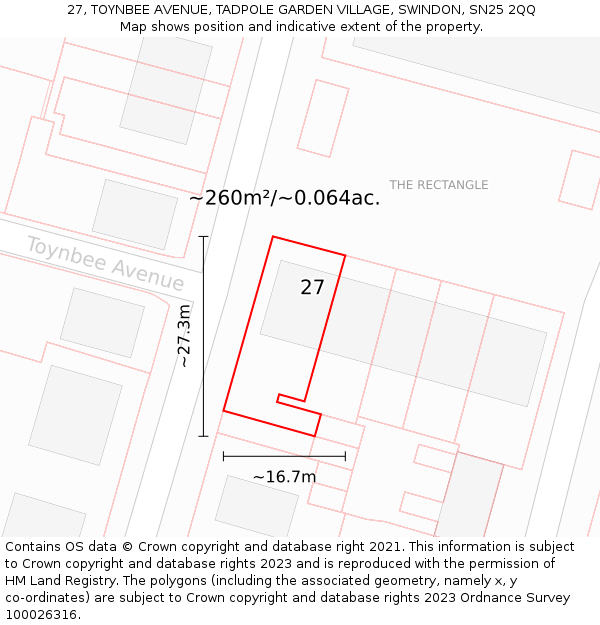 27, TOYNBEE AVENUE, TADPOLE GARDEN VILLAGE, SWINDON, SN25 2QQ: Plot and title map