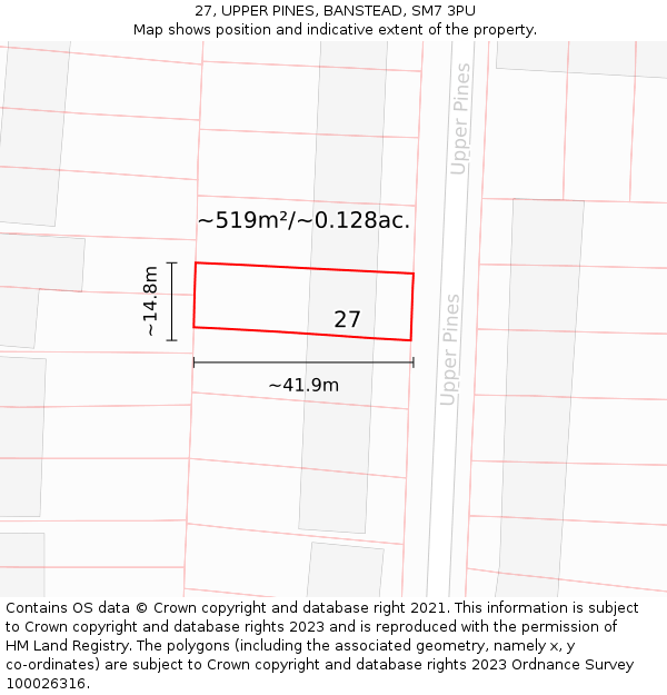 27, UPPER PINES, BANSTEAD, SM7 3PU: Plot and title map