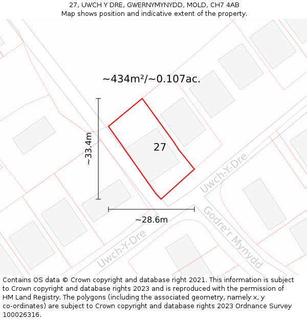 27, UWCH Y DRE, GWERNYMYNYDD, MOLD, CH7 4AB: Plot and title map