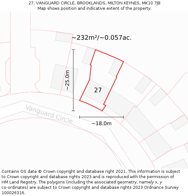 27, VANGUARD CIRCLE, BROOKLANDS, MILTON KEYNES, MK10 7JB: Plot and title map