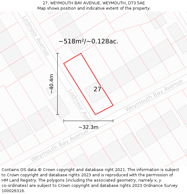 27, WEYMOUTH BAY AVENUE, WEYMOUTH, DT3 5AE: Plot and title map