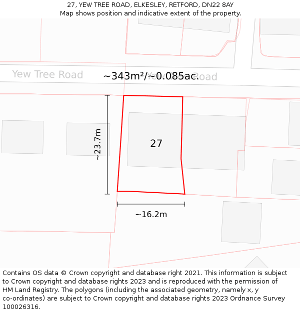 27, YEW TREE ROAD, ELKESLEY, RETFORD, DN22 8AY: Plot and title map