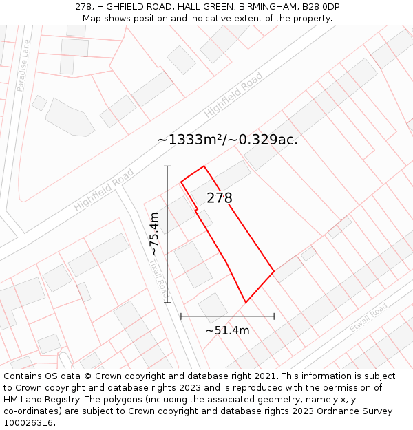 278, HIGHFIELD ROAD, HALL GREEN, BIRMINGHAM, B28 0DP: Plot and title map