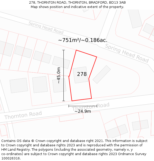 278, THORNTON ROAD, THORNTON, BRADFORD, BD13 3AB: Plot and title map