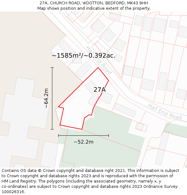 27A, CHURCH ROAD, WOOTTON, BEDFORD, MK43 9HH: Plot and title map