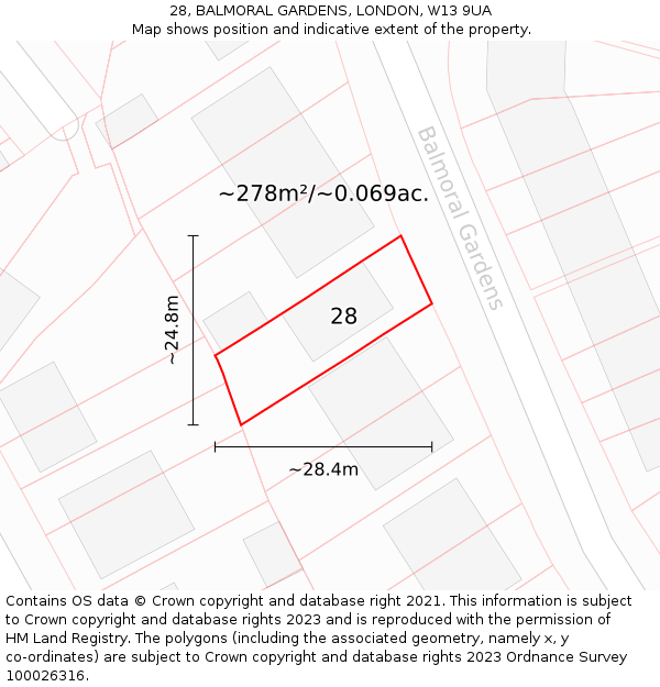 28, BALMORAL GARDENS, LONDON, W13 9UA: Plot and title map