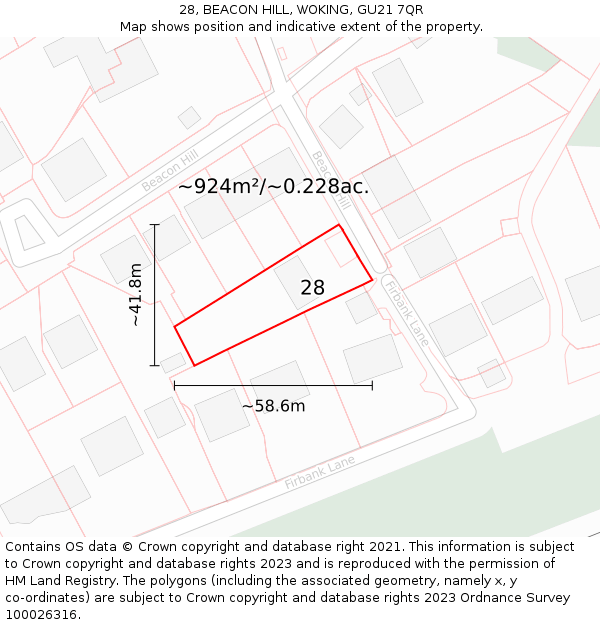 28, BEACON HILL, WOKING, GU21 7QR: Plot and title map