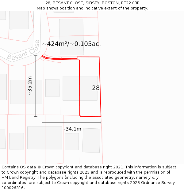 28, BESANT CLOSE, SIBSEY, BOSTON, PE22 0RP: Plot and title map