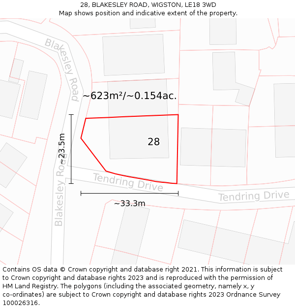 28, BLAKESLEY ROAD, WIGSTON, LE18 3WD: Plot and title map