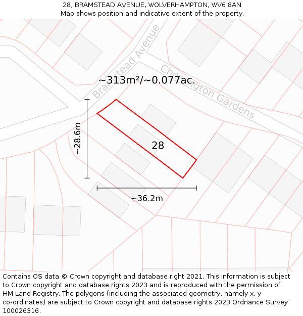 28, BRAMSTEAD AVENUE, WOLVERHAMPTON, WV6 8AN: Plot and title map