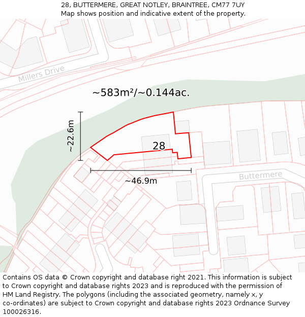 28, BUTTERMERE, GREAT NOTLEY, BRAINTREE, CM77 7UY: Plot and title map