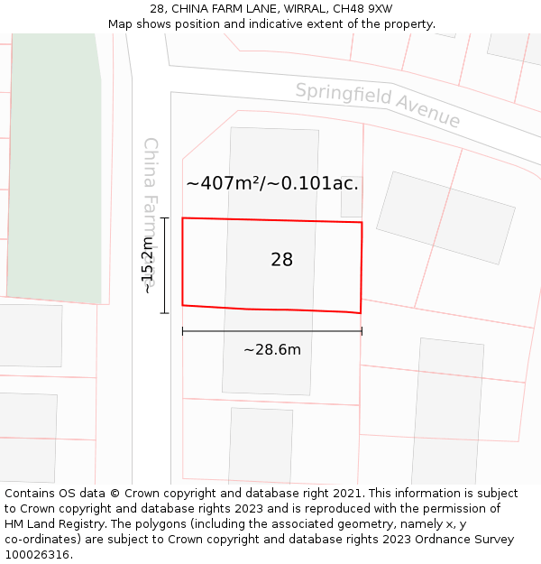 28, CHINA FARM LANE, WIRRAL, CH48 9XW: Plot and title map