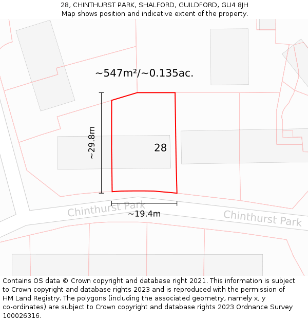 28, CHINTHURST PARK, SHALFORD, GUILDFORD, GU4 8JH: Plot and title map