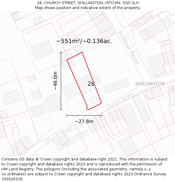 28, CHURCH STREET, SHILLINGTON, HITCHIN, SG5 3LH: Plot and title map