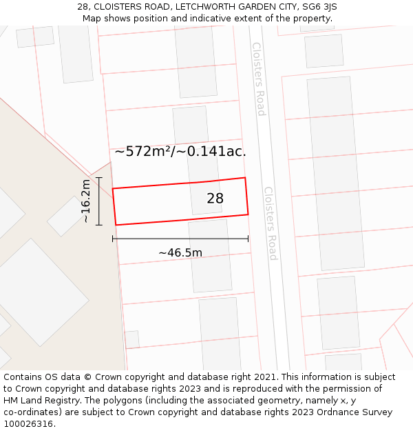 28, CLOISTERS ROAD, LETCHWORTH GARDEN CITY, SG6 3JS: Plot and title map