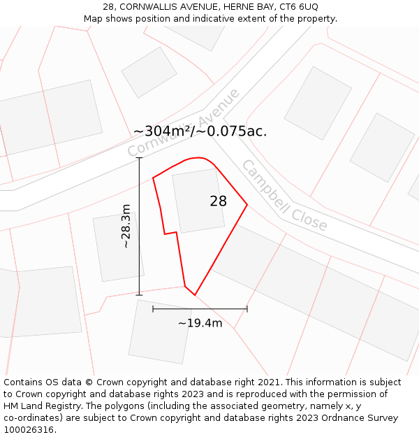 28, CORNWALLIS AVENUE, HERNE BAY, CT6 6UQ: Plot and title map