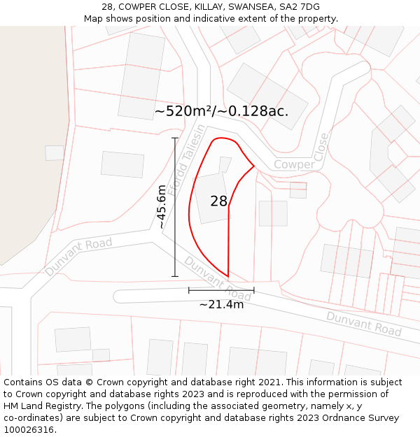 28, COWPER CLOSE, KILLAY, SWANSEA, SA2 7DG: Plot and title map