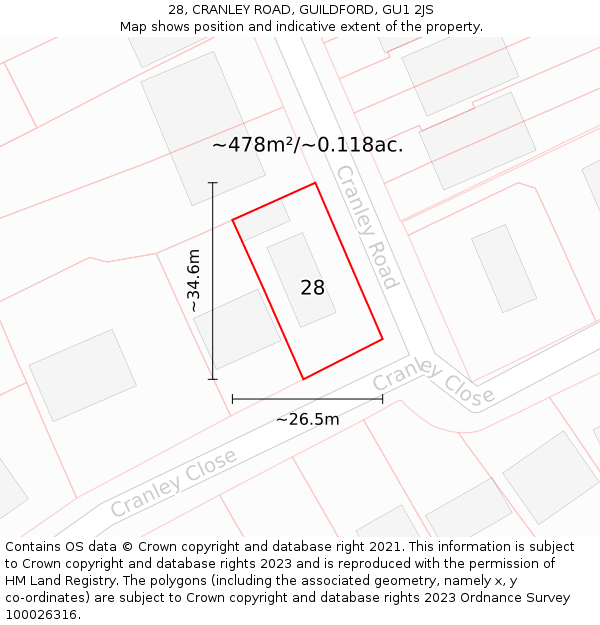 28, CRANLEY ROAD, GUILDFORD, GU1 2JS: Plot and title map