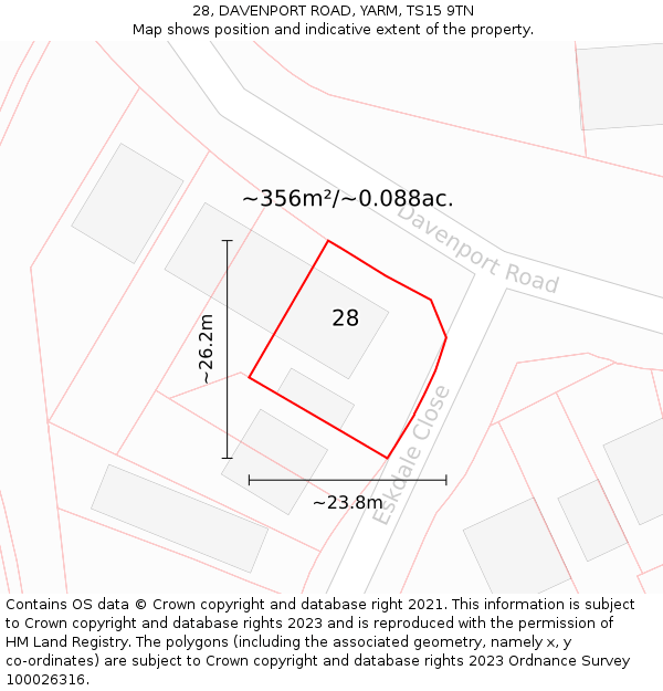 28, DAVENPORT ROAD, YARM, TS15 9TN: Plot and title map