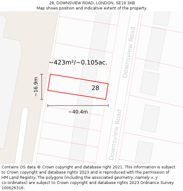28, DOWNSVIEW ROAD, LONDON, SE19 3XB: Plot and title map