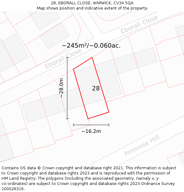 28, EBORALL CLOSE, WARWICK, CV34 5QA: Plot and title map