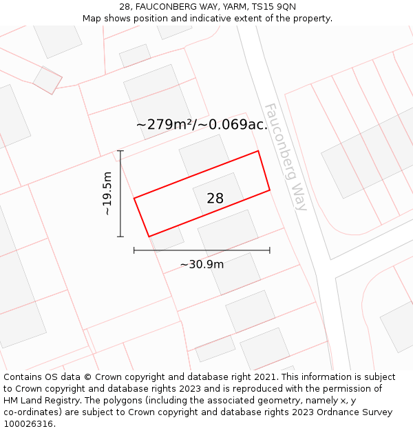 28, FAUCONBERG WAY, YARM, TS15 9QN: Plot and title map