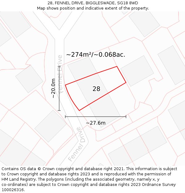 28, FENNEL DRIVE, BIGGLESWADE, SG18 8WD: Plot and title map