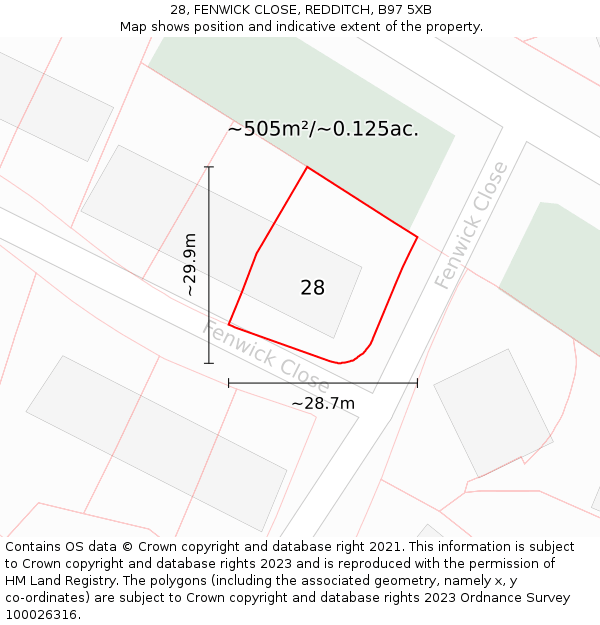 28, FENWICK CLOSE, REDDITCH, B97 5XB: Plot and title map