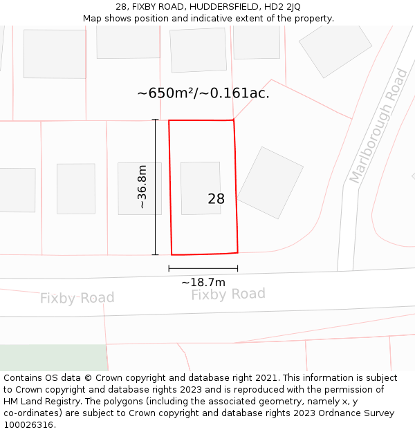 28, FIXBY ROAD, HUDDERSFIELD, HD2 2JQ: Plot and title map