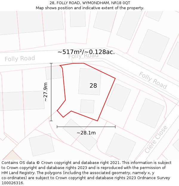 28, FOLLY ROAD, WYMONDHAM, NR18 0QT: Plot and title map