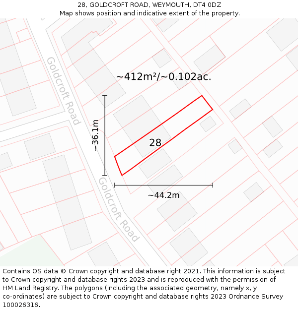 28, GOLDCROFT ROAD, WEYMOUTH, DT4 0DZ: Plot and title map
