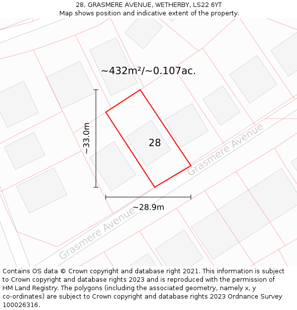 28, GRASMERE AVENUE, WETHERBY, LS22 6YT: Plot and title map