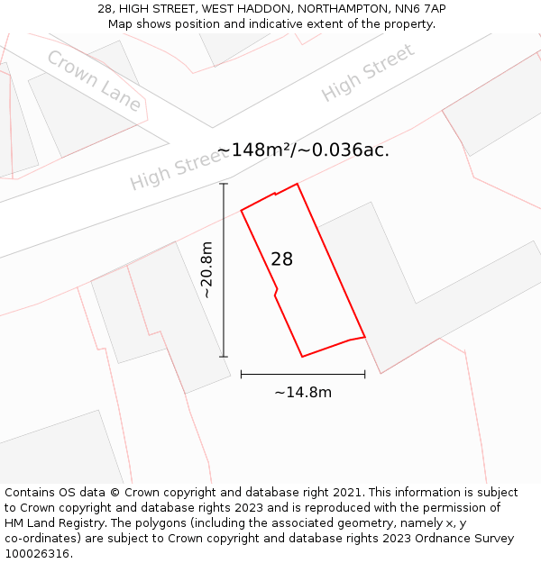 28, HIGH STREET, WEST HADDON, NORTHAMPTON, NN6 7AP: Plot and title map