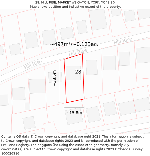 28, HILL RISE, MARKET WEIGHTON, YORK, YO43 3JX: Plot and title map