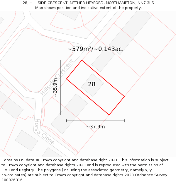 28, HILLSIDE CRESCENT, NETHER HEYFORD, NORTHAMPTON, NN7 3LS: Plot and title map