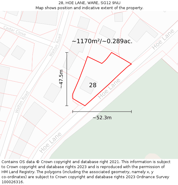 28, HOE LANE, WARE, SG12 9NU: Plot and title map
