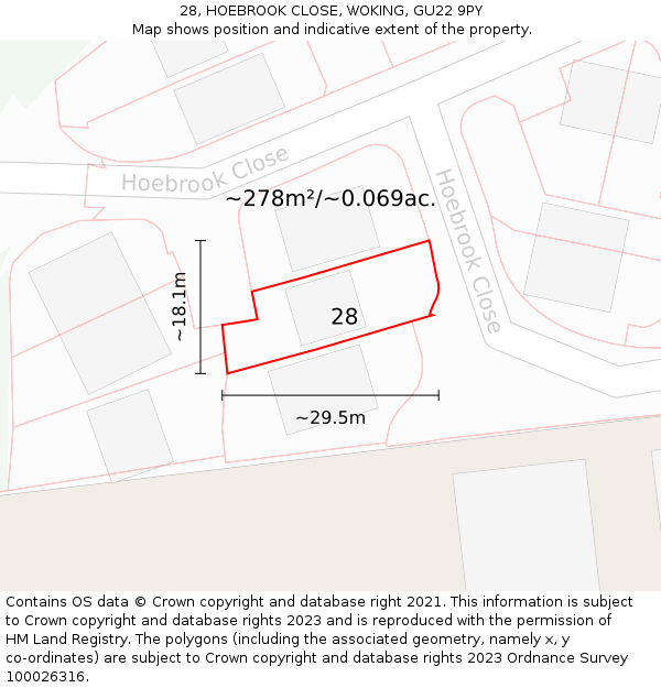 28, HOEBROOK CLOSE, WOKING, GU22 9PY: Plot and title map