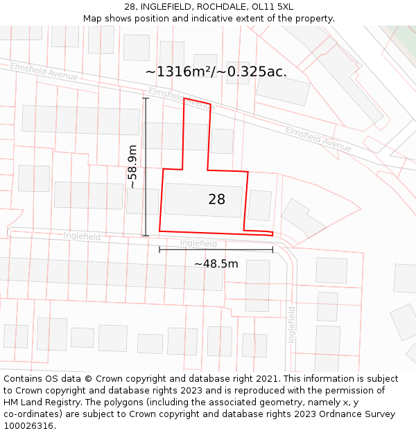 28, INGLEFIELD, ROCHDALE, OL11 5XL: Plot and title map